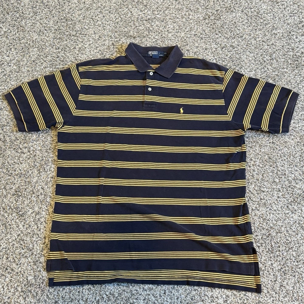 Polo Ralph Lauren Rugby Navy Yellow Striped Mens Size XL Faded Cotton Vintage